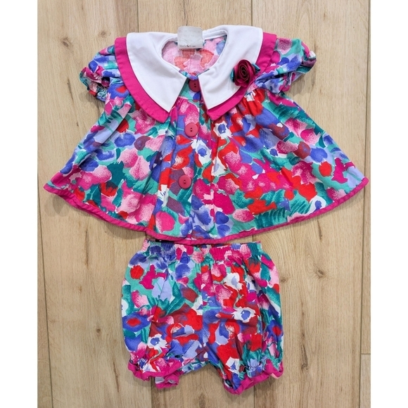 Source Unknown Other - Vintage Bright Floral Dress & Bloomer Set